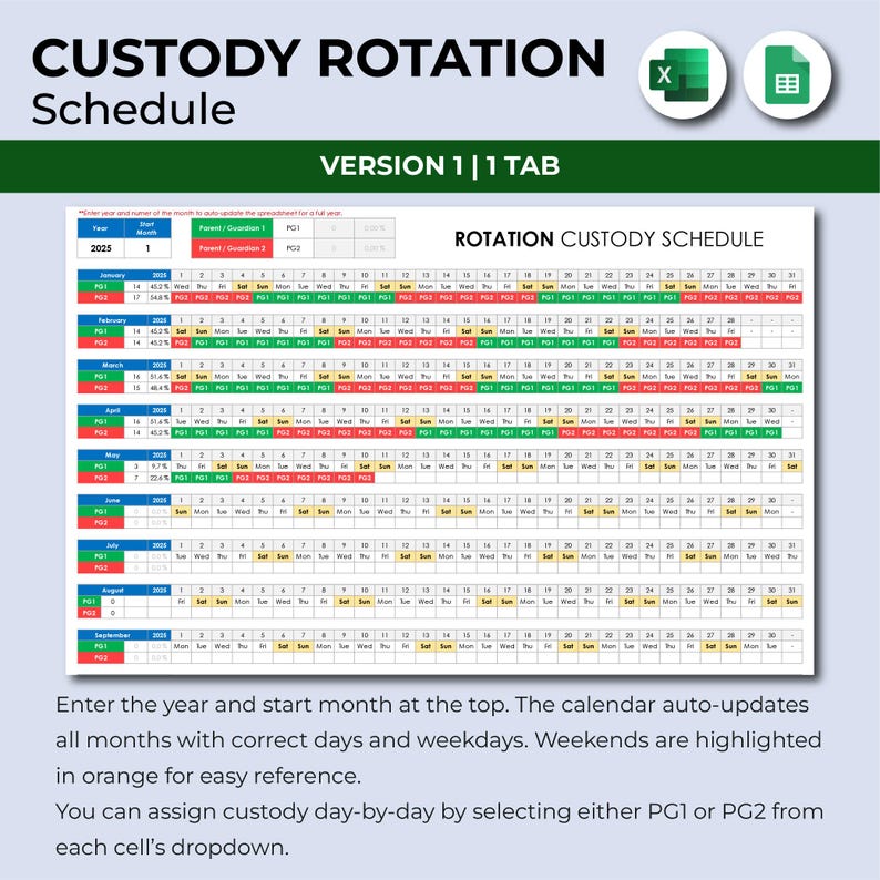 Custody Rotation Schedule Spreadsheet, Shared Custody Rotation Calendar ...