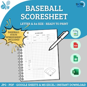 Printable Baseball Scorecard PDF, Baseball Score Sheet Template, Softball Scorebook Printable, Digital Baseball Score Sheet,  Softball Sheet