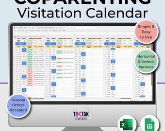 Peut inclure: Un écran d'ordinateur affichant une feuille de calcul avec un calendrier de visite de coparentalité pour les mois de mars, avril, mai, juin et juillet. La feuille de calcul est intitulée "Résumé du statut des visites" et comprend des colonnes pour "Date", "Jour", "Statut des visites", "Notes / Détails" et "Autorisé". La feuille de calcul est intitulée "Calendrier de visite de coparentalité" et comprend le texte "Simple et facile à utiliser", "Versions horizontale et verticale", "Commandes personnalisées acceptées", "EXCEL | GOOGLE SHEETS | TÉLÉCHARGEMENT INSTANTANÉ | 1 ONGLET" et "MODÈLES TIKTAK".