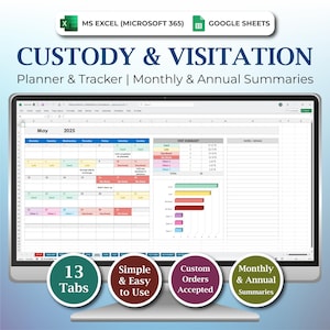 Hoja de cálculo para el seguimiento de visitas de crianza, plantilla de registro de visitas de menores, calendario de visitas de custodia en Excel, hoja de seguimiento mensual de visitas de crianza compartida