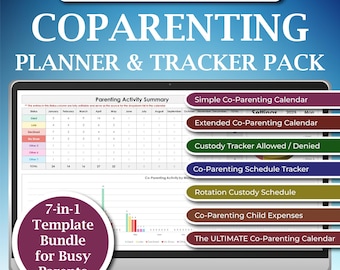 Peut inclure: Un écran d'ordinateur affiche un pack de planification et de suivi de la coparentalité. L'écran montre une feuille de calcul avec un résumé de l'activité parentale et plusieurs options de calendrier. Le texte à l'écran comprend "MS Excel" et "Google Sheets."