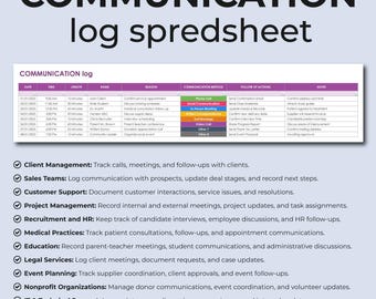May include: A spreadsheet with a pink header that says "COMMUNICATION log spreadsheet". The spreadsheet is a communication log with columns for date, time, length, name, reason, communication method, follow up actions, and notes. The spreadsheet is used to track communication with clients, prospects, employees, and other stakeholders.