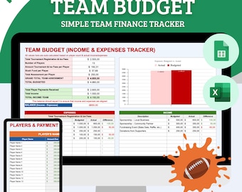 May include: A computer screen displaying a spreadsheet with the title "Team Budget (Income & Expenses Tracker)". The spreadsheet includes columns for income and expenses, with a total budget of $4,860.00. The screen also shows a graph comparing actual income and expenses to the budget.