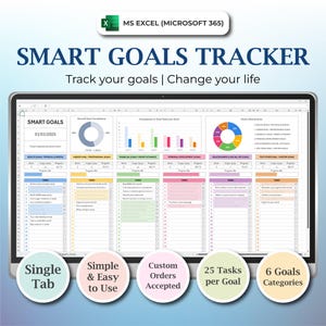 May include: A digital display of a Smart Goals Tracker spreadsheet in MS Excel. The spreadsheet is organized with charts, graphs, and task lists. The text includes "Smart Goals Tracker", "Track your goals | Change your life", and other details.