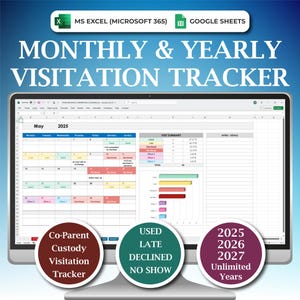 Co-Parent Visitation Tracker, Custody Visitation Log, Parenting Time Tracker, Shared Custody Calendar, Monthly & Yearly Time Tracking, Excel
