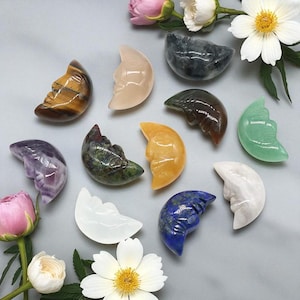 Crystal Moon Face Carving | Crescent Gemstone Moon | Spiritual Decor & Pocket Totem - Hand Carved Moon Face Crystal | Healing Stone
