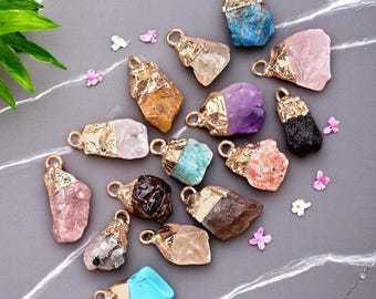 Raw Crystal Pendant Necklace – Gold Electroplated Natural Stone Charms in Gold for Jewelry Making or Healing Gifts