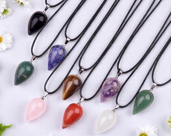 Natural Crystal Teardrop Pendant Necklace | Healing Stone Jewelry | Spiritual Protection Amulet | Gift for Her