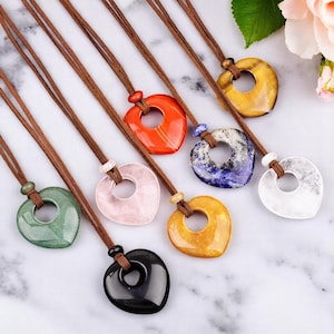 Heart Crystal Necklace – Natural Stone Donut Pendant with Adjustable Cord for Healing & Chakra Energy