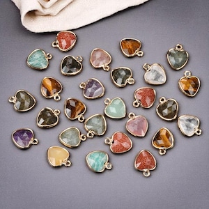 Natural Gemstone Heart Pendants with Gold Edge, Crystal Heart Charms for Necklaces, DIY Jewelry Making Supplies