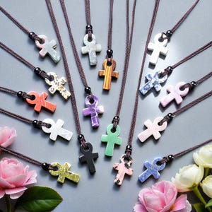 Crystal Ankh Cross Necklace – Natural Stone Pendant – Egyptian Protection Jewelry – Healing Crystal Jewelry – Unisex Boho Gift