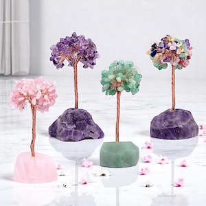 Crystal Gem Tree – Wire Wrapped Natural Stone Tree of Life on Gem Base | Feng Shui Healing Tree Decor | Amethyst, Rose Quartz, Aventurine
