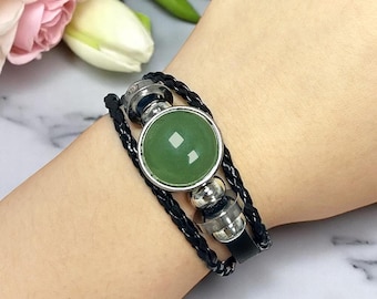 Adjustable Gemstone Leather Bracelet - Unisex Leather Crystal Wristband Gift - Natural Stone Boho Bracelet - Real Gemstone Energy Wristband