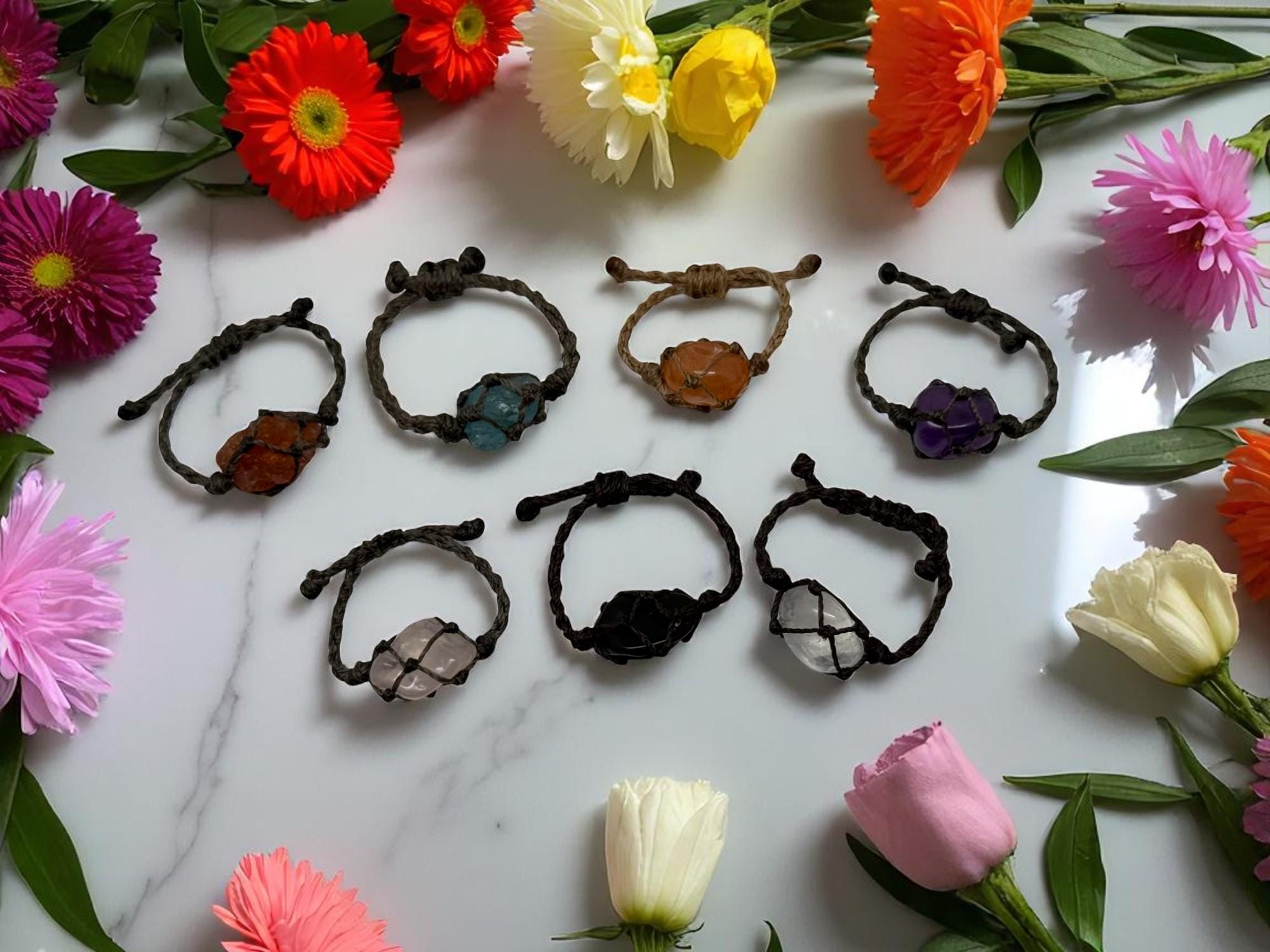 Macrame Crystal Rings, Adjustable Handmade Gemstone Ring, Natural Crystal Healing, Boho Style Stone Ring