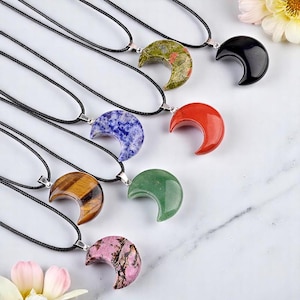 Crystal Crescent Moon Necklace – Natural Gemstone Pendant on Cord | Healing Moon Jewelry, Boho Spiritual Gift for Her