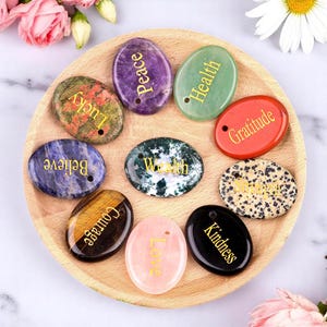 Drilled Crystal Word Charms – Natural Stone Oval Pendants with Positive Affirmations for Healing & Jewelry Making
