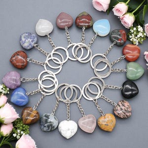 Heart Gemstone Keychain - Natural Stone Bag Charm | Healing Gem Gift - ealing Stone Heart Keyring