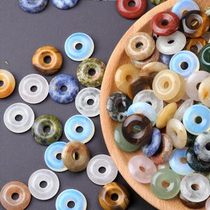 Natural Stone Donut Beads – Round Crystal Disc Charms for Jewelry - Gemstone Donut Pendants – Mixed Crystal Round Beads for DIY 20mm
