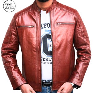 Handmade Cognac Brown Sheepskin Leather Biker Jacket-Slim Fit Moto Coat