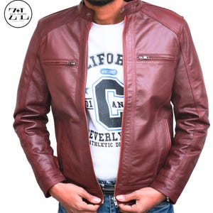 Men’s Red Burgundy Leather Jacket -Retro Western Motorcycle Biker Style -Handmade Real Sheepskin Jacket- Best Vintage gift for him