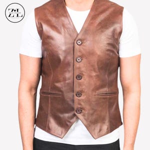 Men&#39;s V Brown Sheep Leather Vest -Handmade Vintage Leather Cowhide Vest -Sheep Leather vest Classic Genuine Leather Vest - Best Gift for Him