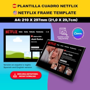 Puede incluir: Una plantilla digital para crear un marco con temática de Netflix. La plantilla está en español e inglés e incluye un logotipo de Netflix, una barra de título con opciones para "Inicio", "Series", "Peliculas" y "Tendencias", y un botón "Reproducir". La plantilla está diseñada para un tamaño A4 estándar, que es 210 x 297 mm o 8,27 x 11,69 pulgadas.
