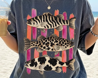 Comfort Colors® Fishing Shirt, Bass Fish Graphic Tee, Cute Angler T-Shirt, Lake Fishing Shirt For Women, Animal Print Fish Graphic Tee