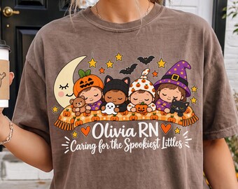 Personalized NICU Nurse Halloween Shirt, Caring for the Spookiest Littles Custom Name Tee, Baby Ghost Pumpkin Shirt, Pediatric Nurse Gift