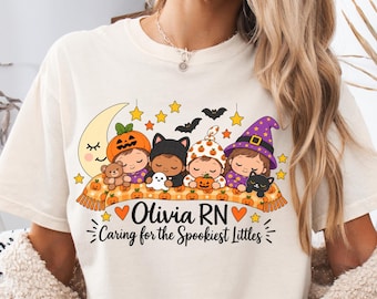 Custom NICU Nurse Halloween Shirt, Personalized Name Tee, Caring for the Spookiest Littles, Cute Baby Ghost Pumpkin Nurse Gift, L&D Nurse