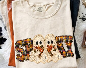 Faux Patchwork Spooky Ghost Shirt, Floral Ghost Tee, Cozy Halloween T-Shirt, Faux Applique Ghost Tee, Gingham Spooky Shirt, Fall Ghost Tee