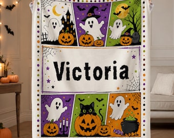 Personalized Halloween Baby Blanket, Custom Name Pumpkin Throw, Spooky Ghost Nursery Decor, First Holiday Gift for Kids, Cute Keepsake Ideas