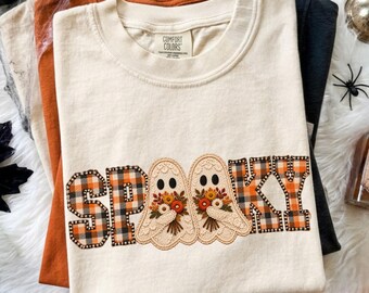 Faux Patchwork Spooky Ghost Shirt, Floral Ghost Tee, Cozy Halloween T-Shirt, Faux Applique Ghost Tee, Gingham Spooky Shirt, Fall Ghost Tee