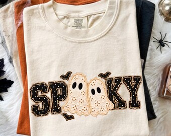 Faux Patchwork Spooky Ghost Shirt, Cozy Halloween T-Shirt, Faux Applique Ghost Tee, Polka Dot Spooky Shirt, Lace Ghost Tee, Fall Ghost Shirt