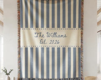 Personalized Family Name Woven Blanket, Custom Throw With Last Name and Est Year, Wedding Gift For Couple, Cotton Anniversary Gift