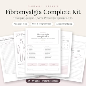 Może przedstawiać: Zestaw do druku Fibromyalgia Complete Kit składający się z 22 stron do śledzenia bólu, zmęczenia i rzutów choroby. Zawiera mapę ciała z zaznaczaniem bólu, dzienniki objawów oraz arkusze przygotowawcze do wizyt lekarskich w formacie A4.