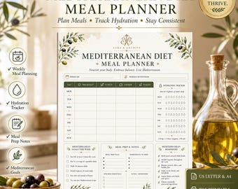 Mediterranean Diet Meal Planner Printable PDF | Weekly Meal Planner | Hydration Tracker | Mediterranean Wellness Planner | Instant Download