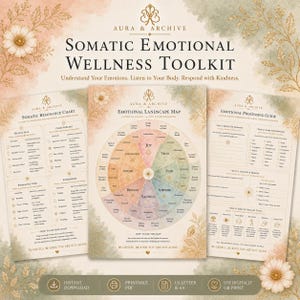Può includere: Un kit per il benessere emotivo somatico composto da tre guide stampate: un grafico di risonanza somatica, una mappa del paesaggio emotivo con una ruota delle emozioni a colori e una guida all'elaborazione emotiva, decorate con illustrazioni floreali.