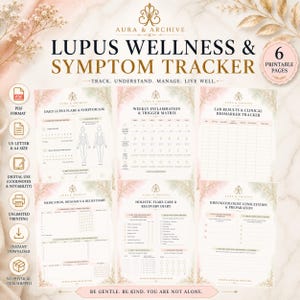 May include: A digital Lupus Wellness & Symptom Tracker set featuring six printable pages with gold and soft pink floral accents. The pages include logs for daily symptoms, weekly inflammation, lab results, medication, holistic care, and rheumatologist consultations.
