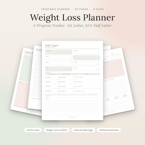 May include: A printable weight loss planner and progress tracker with 23 pages in 4 sizes. The document features daily target sheets with sections for calories, carbs, protein, fat, fiber, water, and sleep, alongside progress charts and habit logs.