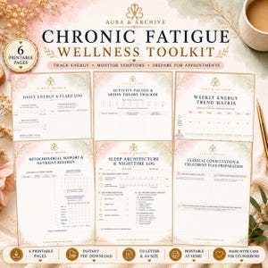 May include: A Chronic Fatigue Wellness Toolkit featuring six printable pages with headers including Daily Energy & Flare Log, Activity Pacing & Spoon Theory Tracker, Weekly Energy Trend Matrix, Mitochondrial Support, Sleep Log, and Clinical Consultation.