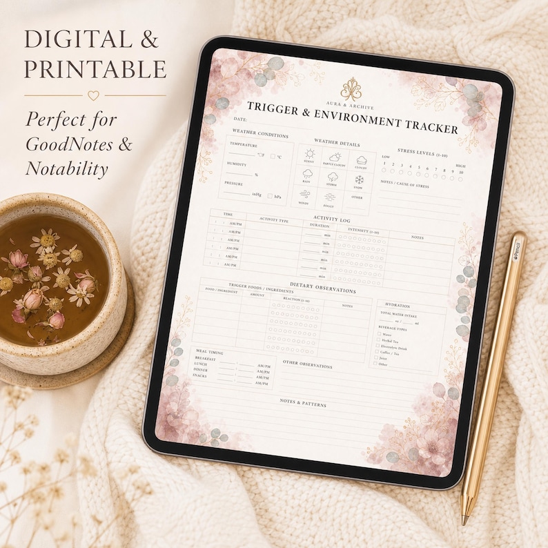 May include: A digital and printable trigger and environment tracker on a tablet, with floral accents. The tablet is next to a cup of tea and a gold stylus. Text on the tablet reads "Trigger & Environment Tracker".