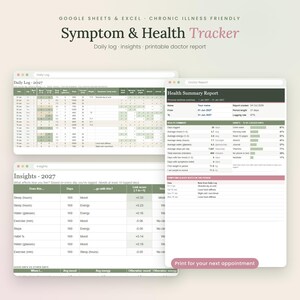 May include: A digital symptom and health tracker spreadsheet for Google Sheets and Excel. The interface displays a daily log, insights dashboard, and a health summary report with columns for mood, energy, sleep, water, exercise, and symptoms.