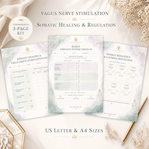 Peut inclure: Un kit de trois pages pour la stimulation du nerf vague et la guérison somatique. Les pages présentent des en-têtes pour les bilans quotidiens du système nerveux, les journaux de guérison et la réflexion hebdomadaire, au format A4.