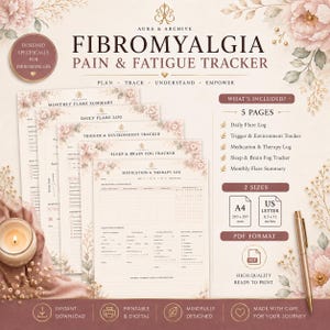 May include: A digital Fibromyalgia Pain & Fatigue Tracker with floral designs. The tracker includes a monthly flare summary, daily flare log, trigger & environment tracker, sleep & brain fog tracker, and medication & therapy log. Available in A4 (210 x 297 mm) and US Letter sizes.