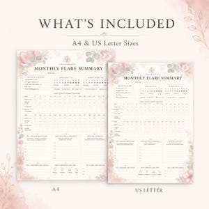 May include: Two printable monthly flare summary sheets, one A4 size and one US Letter size, with a floral design. The sheets include sections for tracking pain, energy levels, and key triggers. The text "WHAT'S INCLUDED" is at the top.