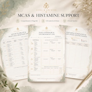 May include: A three-page printable kit titled MCAS & Histamine Support by Aura & Archive. The pages include an Acute Flare-Up & Mast Cell Reaction Log, a Daily Exposure & Environment Log, and a Histamine Elimination & Safe Food Testing Matrix.