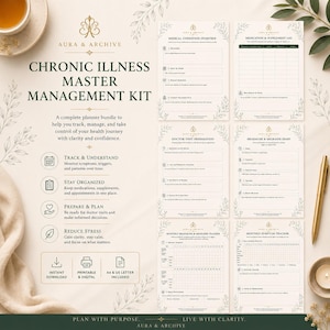 May include: Aura & Archive Chronic Illness Master Management Kit. This printable and digital planner bundle includes templates for tracking symptoms, medications, and appointments. It also includes doctor visit preparation and stress reduction tools. The kit is available in A4 and US Letter sizes.