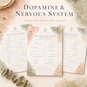 Könnte beinhalten: Ein 5-seitiges Selbstreflexions-Toolkit mit dem Titel Dopamine & Nervous System. Die Seiten enthalten Abschnitte wie Daily Dopamine Seeking Behavior Log, Dopamine Pattern Map und Nervous System & Need Check-In, verziert mit zarten Aquarell-Blumenmotiven.