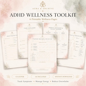 Peut inclure: Un ensemble de six pages de bien-être imprimables pour le TDAH avec un fond aquarelle doux. Les pages incluent un Task Unpacker, Daily Pacing Log, Symptom Tracker & Focus Log, Mindful Movement & Pacing Tracker et une Pain & Tension Map avec texte.