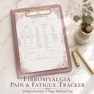 May include: A mauve clipboard with a gold clip holds a "Daily Flare Log" sheet. The log includes sections for symptoms, pain maps, and notes. A gold pen and a small vase with greenery are next to the clipboard. The text "Fibromyalgia Pain & Fatigue Tracker" is at the bottom.